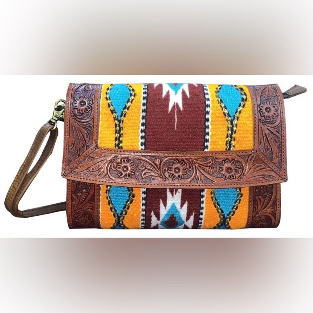 Klassy Cowgirl Tooled Leather and Wool Saddle Blanket Purse - yellow and red